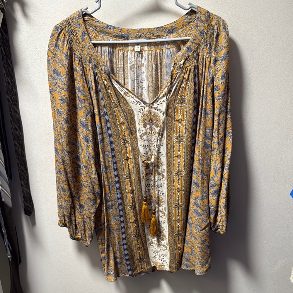 Brown Pleated Tie Front Blouse with Relaxed Fit